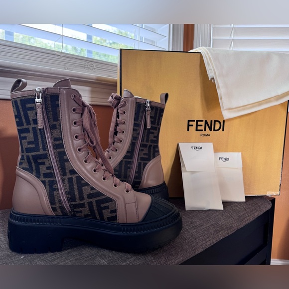 FENDI DOMINO FF JACQUARD & LEATHER BIKER BOOT sz36.5 - Picture 2 of 8